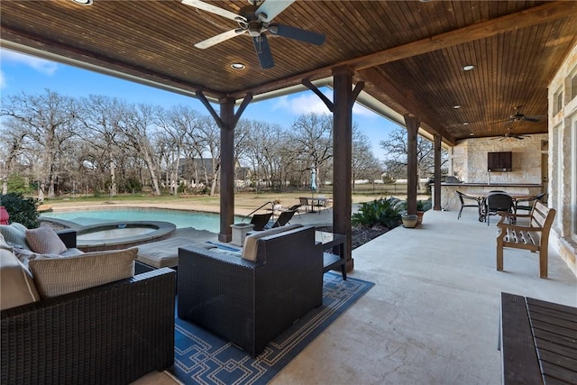 view of patio with an outdoor pool, a jacuzzi, an outdoor living space, and ceiling fan