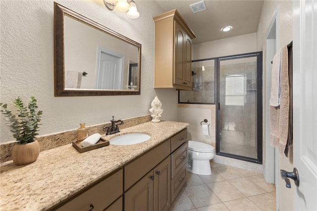 full bathroom with a shower stall, toilet, vanity, and visible vents