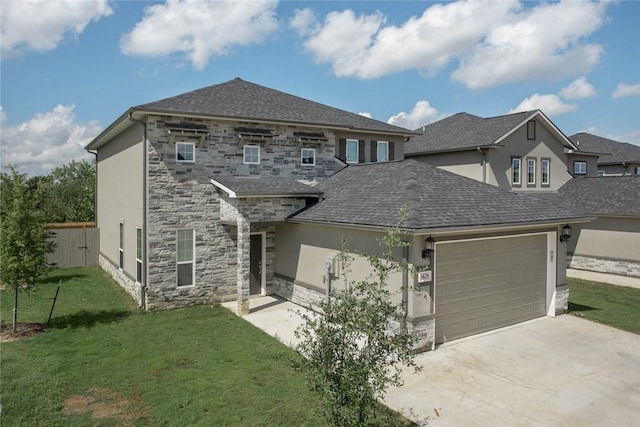 view of front facade with a front yard and a garage