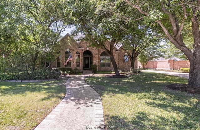 tudor-style house featuring a front yard