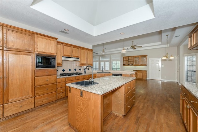 9300 Lakeside Ct, College Station, TX 77845 - kitchen featuring a tray ceiling, black microwave, a sink, an island with sink, and wood finished floors