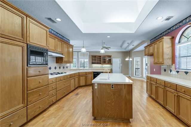 kitchen with a wealth of natural light, a tray ceiling, a kitchen island with sink, and black appliances