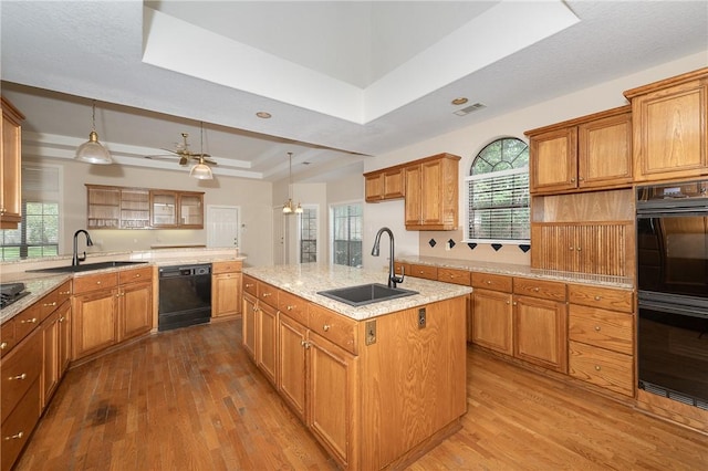 9300 Lakeside Ct, College Station, TX 77845 - kitchen with a sink, black appliances, a tray ceiling, and wood finished floors