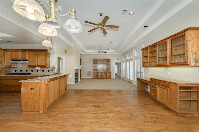 9300 Lakeside Ct, College Station, TX 77845 - kitchen with open shelves, ceiling fan, under cabinet range hood, a sink, and recessed lighting