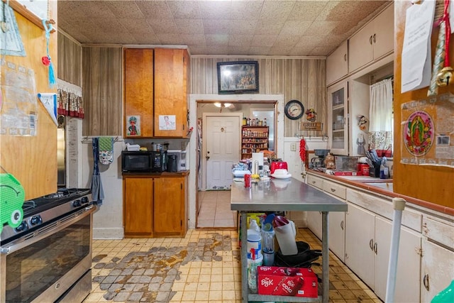 kitchen with stainless steel gas range and white cabinets