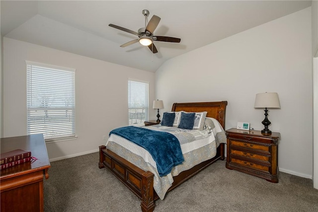 bedroom featuring vaulted ceiling, carpet flooring, and ceiling fan