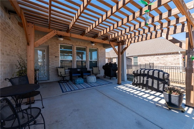 view of patio / terrace featuring an outdoor living space, a pergola, grilling area, and ceiling fan