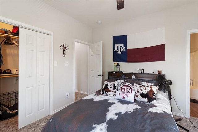 bedroom with carpet, ceiling fan, connected bathroom, and a closet