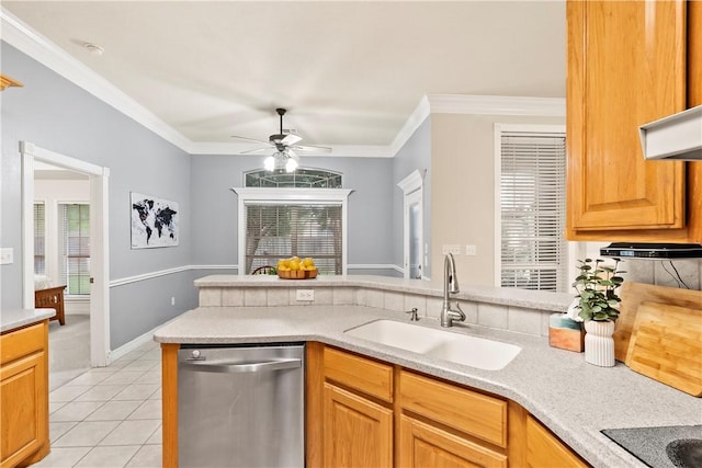 4906 Park Row Pl, Bryan, TX 77802 - kitchen with dishwasher, a ceiling fan, light countertops, light tile patterned flooring, and ornamental molding