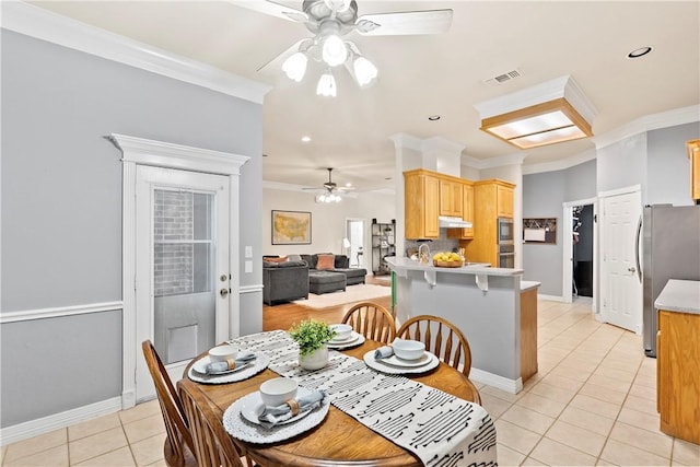 4906 Park Row Pl, Bryan, TX 77802 - dining space featuring a ceiling fan, light tile patterned floors, ornamental molding, and recessed lighting