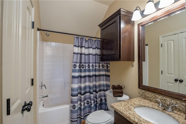bathroom with vanity, shower / bathtub combination with curtain, and toilet