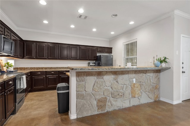 kitchen with crown molding, light stone counters, dark brown cabinetry, and black appliances