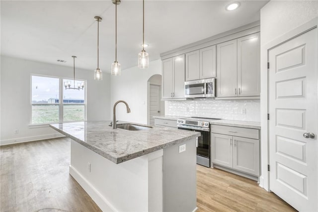 kitchen with appliances with stainless steel finishes, a center island with sink, a sink, and light stone counters