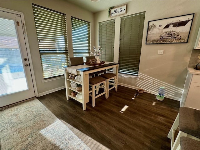 dining space with dark hardwood / wood-style flooring