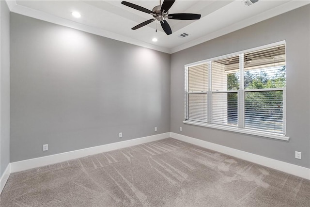 empty room featuring recessed lighting, visible vents, ornamental molding, carpet flooring, and baseboards