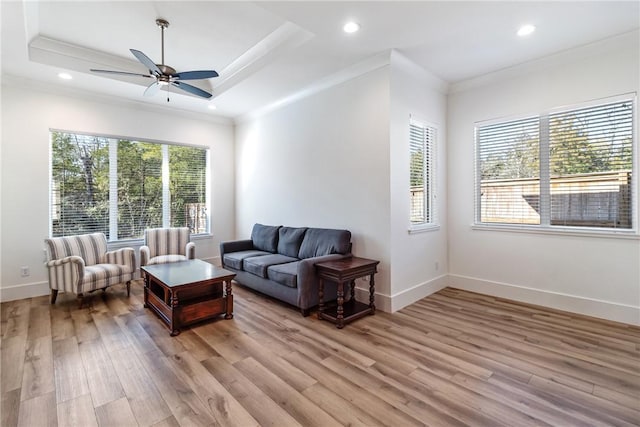 living room featuring a raised ceiling, crown molding, light wood-style flooring, and baseboards