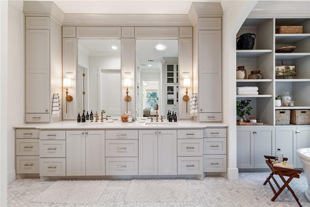 full bathroom featuring double vanity, a closet, a sink, and recessed lighting