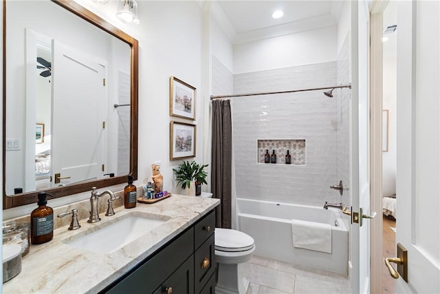 full bathroom featuring crown molding, shower / bathtub combination with curtain, toilet, vanity, and tile patterned floors