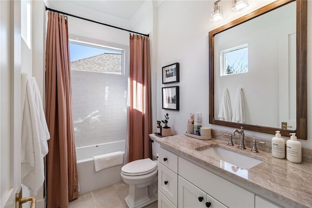 full bathroom with shower / bath combination with curtain, tile patterned flooring, vanity, and toilet