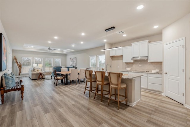 5324 Lyle Pl, Bryan, TX 77807 - kitchen featuring a raised ceiling, light wood finished floors, open floor plan, recessed lighting, and a center island with sink