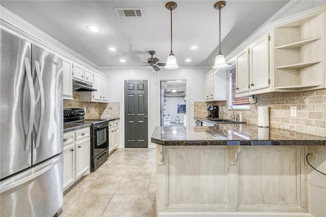 kitchen featuring stainless steel refrigerator, ceiling fan, black electric range, kitchen peninsula, and light tile patterned floors