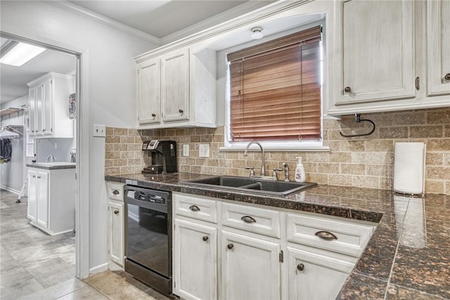 kitchen featuring white cabinetry, sink, crown molding, and black dishwasher