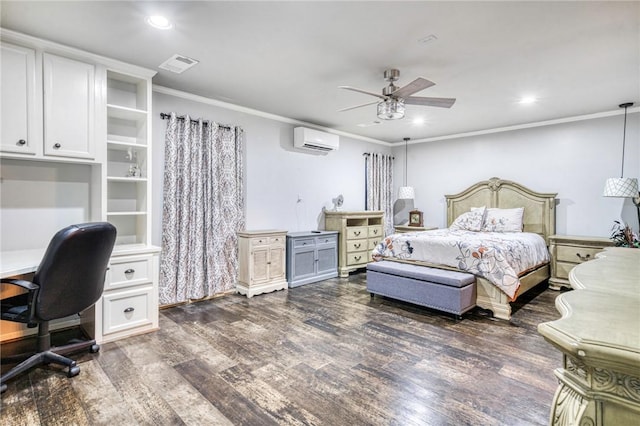 bedroom with a wall mounted air conditioner, dark hardwood / wood-style floors, ceiling fan, and ornamental molding