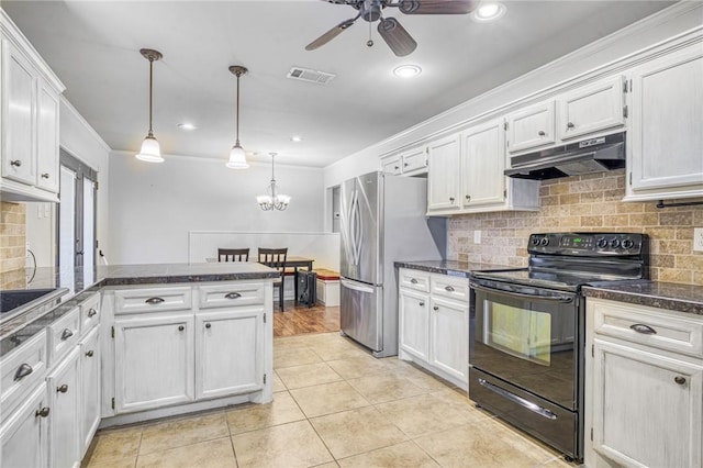 kitchen with white cabinetry, stainless steel fridge, pendant lighting, and black range with electric cooktop