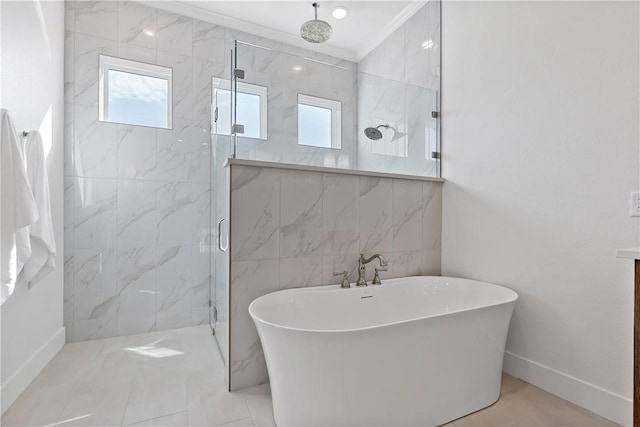 bathroom with plus walk in shower and crown molding