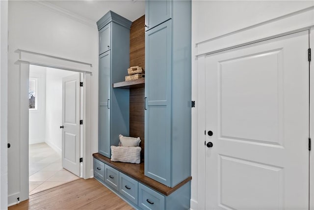 mudroom featuring crown molding and light hardwood / wood-style flooring