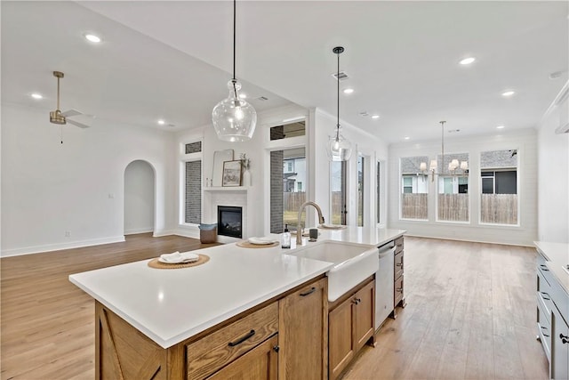 kitchen featuring sink, dishwasher, a kitchen island with sink, pendant lighting, and light hardwood / wood-style floors