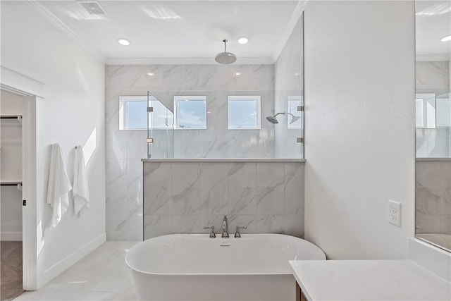 bathroom with vanity, crown molding, and independent shower and bath