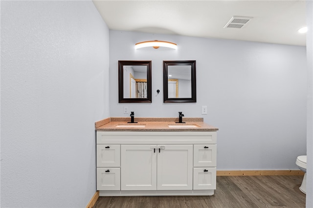 bathroom featuring wood-type flooring, vanity, and toilet