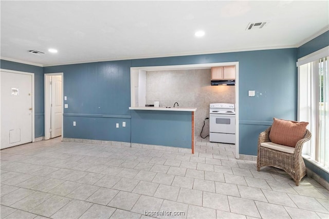 interior space with kitchen peninsula, a kitchen bar, electric stove, and ornamental molding