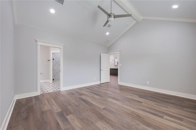 1410 Rochester St, Bryan, TX 77803 - unfurnished room featuring a ceiling fan, beamed ceiling, wood finished floors, high vaulted ceiling, and recessed lighting