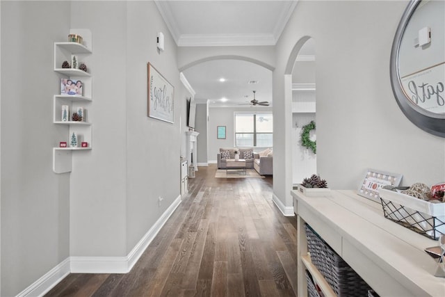 corridor featuring crown molding and dark wood-type flooring