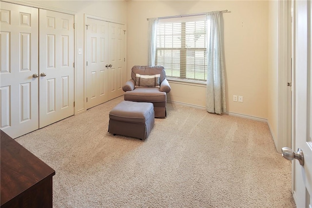 sitting room featuring light colored carpet