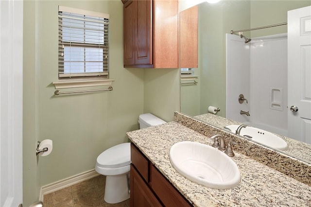 full bathroom featuring toilet, vanity, and shower / tub combination