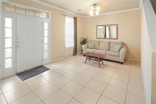 tiled foyer with ornamental molding