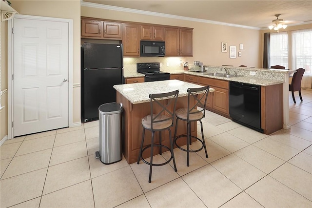 kitchen with black appliances, crown molding, light tile patterned floors, sink, and kitchen peninsula