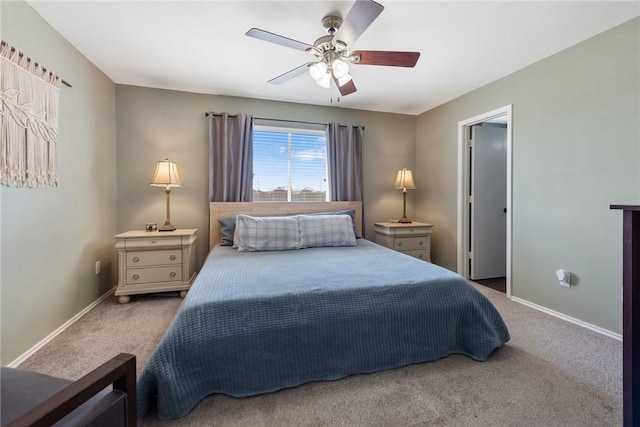 bedroom featuring carpet flooring, a ceiling fan, and baseboards