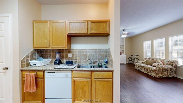 609 Townplace Dr, College Station, TX 77840 - kitchen with dishwasher, ceiling fan, tasteful backsplash, and dark wood finished floors