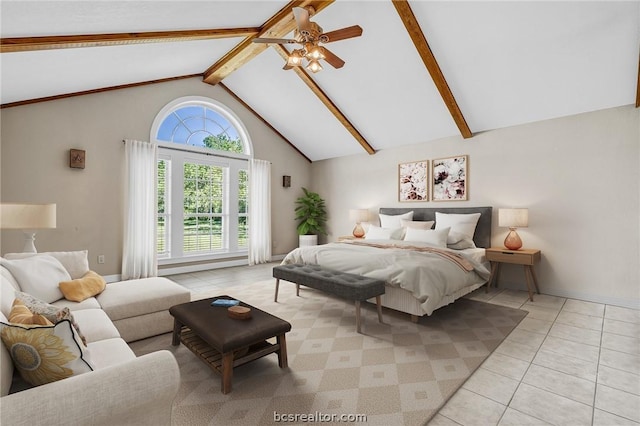 bedroom with light tile patterned flooring, multiple windows, and ceiling fan