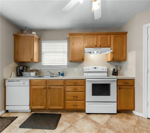 kitchen with light tile patterned flooring, white appliances, ceiling fan, and sink