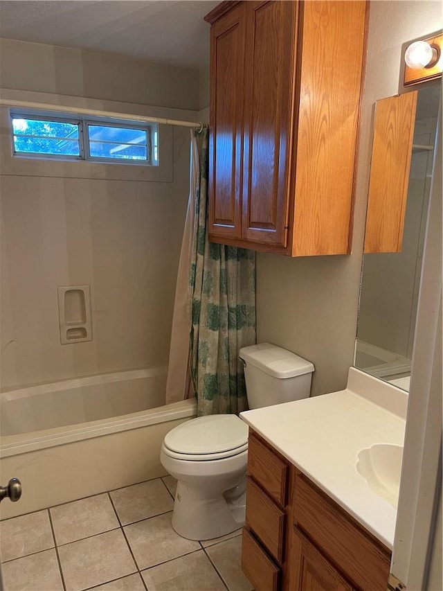 full bathroom featuring vanity, tile patterned floors, a wealth of natural light, and shower / bath combo with shower curtain