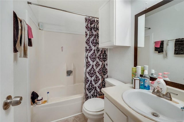 bathroom featuring vanity, toilet, and shower / bathtub combination with curtain