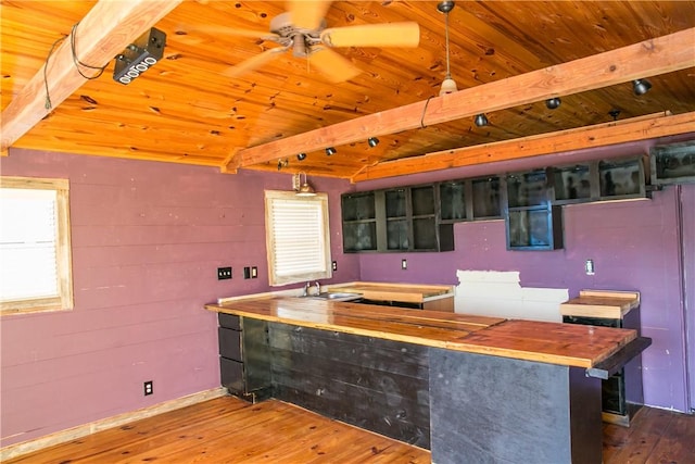 kitchen featuring beam ceiling, wood-type flooring, decorative light fixtures, wooden ceiling, and kitchen peninsula