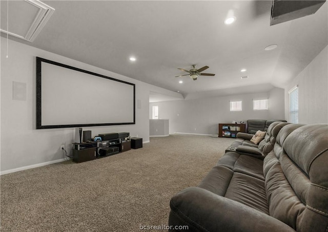 home theater featuring carpet flooring and ceiling fan