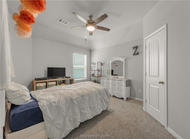 carpeted bedroom with ceiling fan