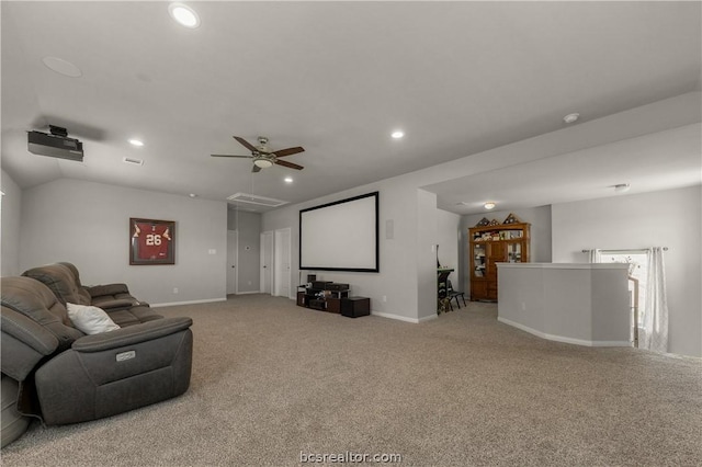 cinema featuring carpet flooring and ceiling fan